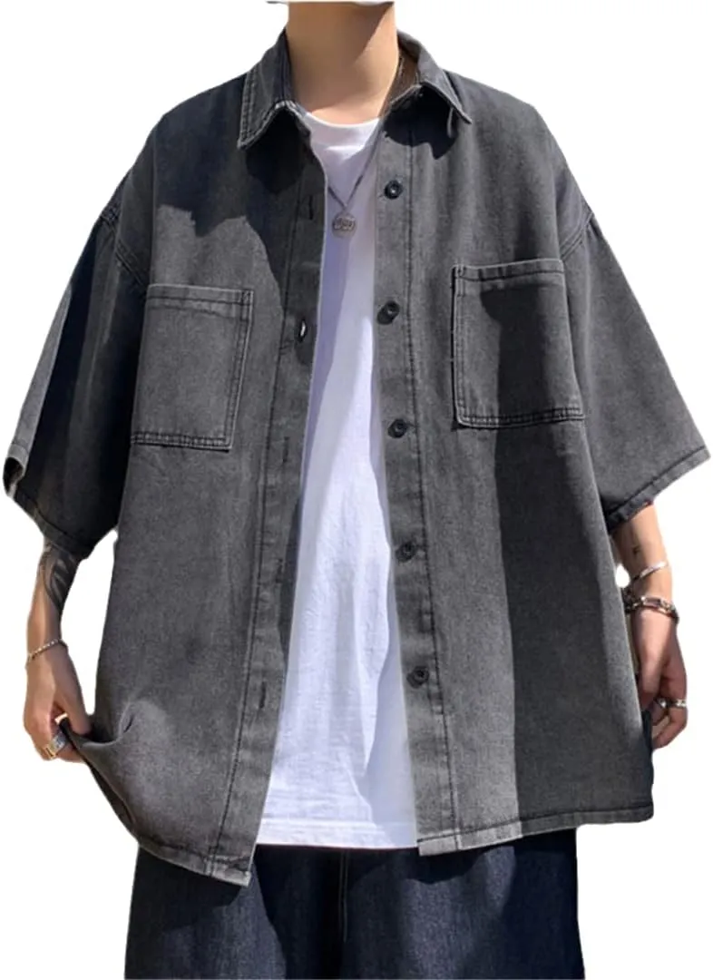 Harajuku High Street Denim Shirts for Men Oversized Streetwear Denim Clothes Short Sleeve Shirts Couples Unisex Tops