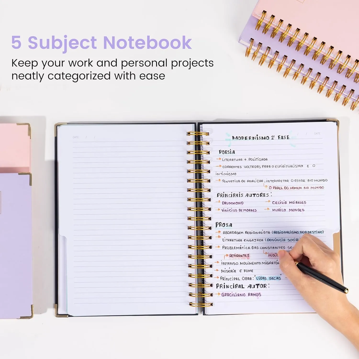 Hardcover Spiral Notebook with Tabs 8"x10" Large Spiral Lined Journals for Women with Dividers 240 Pages College Ruled Composition Notebook 5 Subject Notebook for Work, Back to School, Gifts, Purple