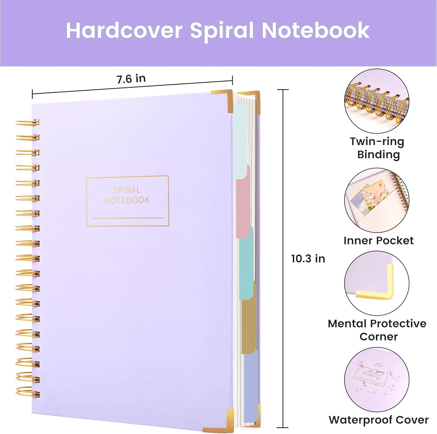 Hardcover Spiral Notebook with Tabs 8"x10" Large Spiral Lined Journals for Women with Dividers 240 Pages College Ruled Composition Notebook 5 Subject Notebook for Work, Back to School, Gifts, Purple