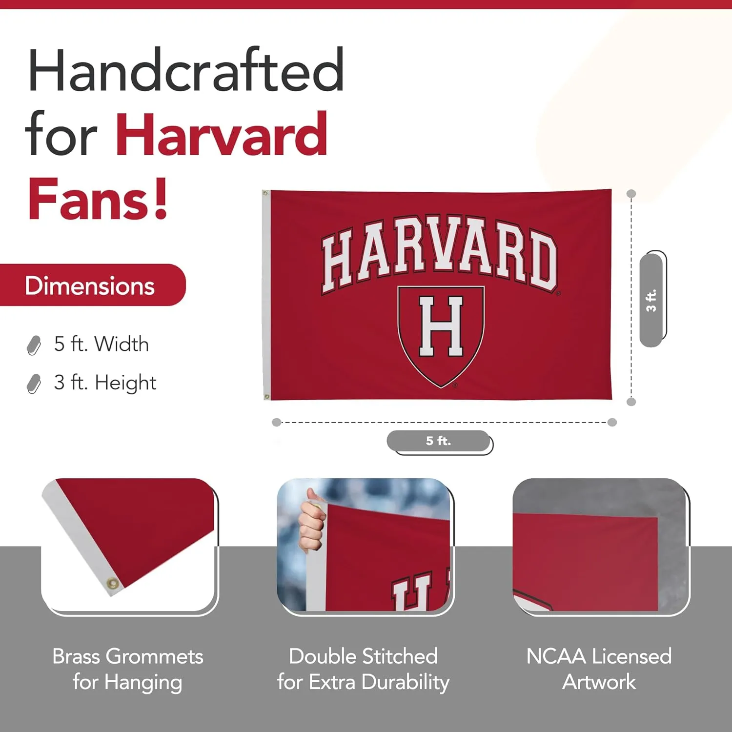 Harvard Crimson 3' x 5' College Sports Printed Flag - NCAA Licensed - Nylon - School Banner (Red, White)