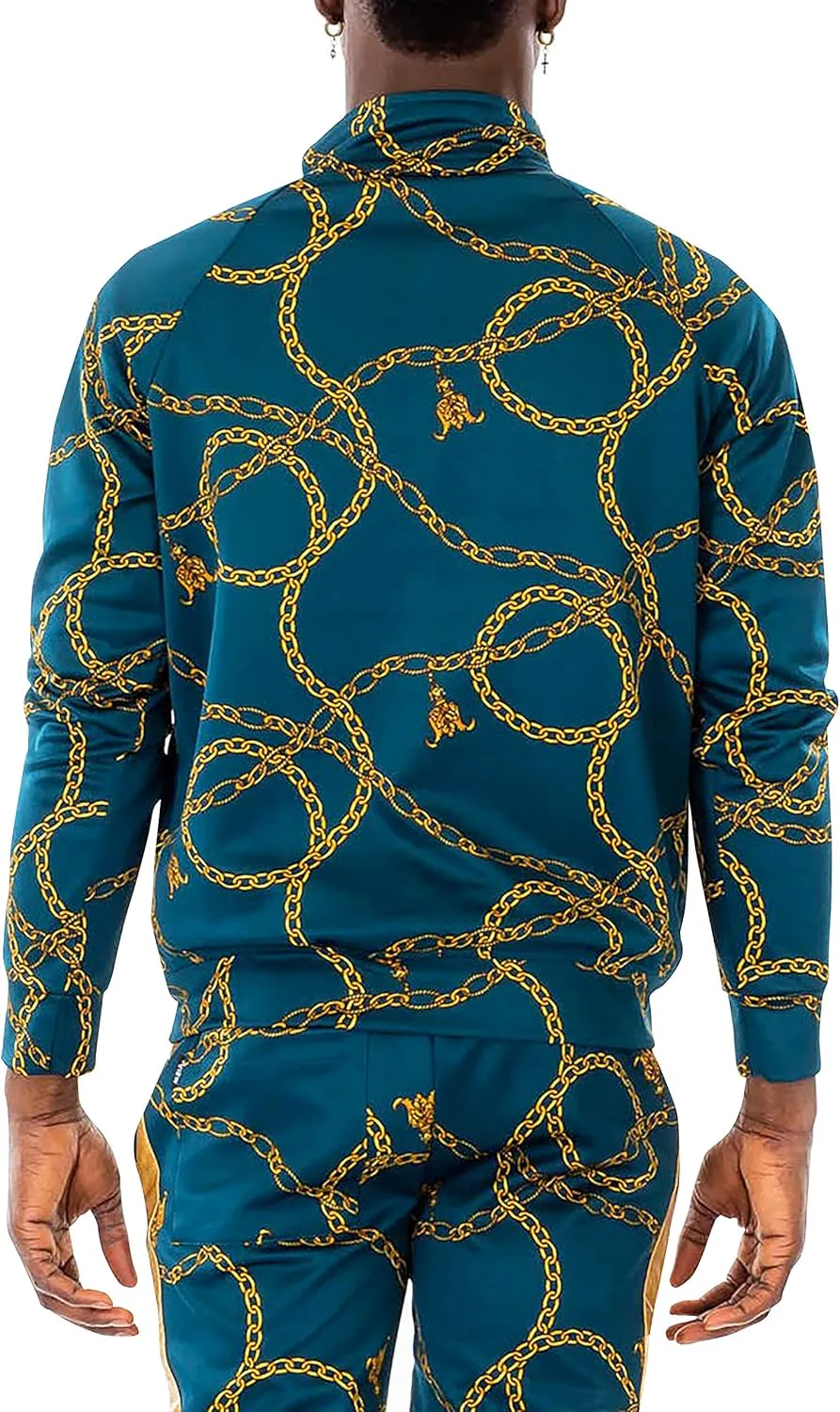 Hat and Beyond Mens Track Jacket with Gold Chain Print Streetwear