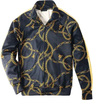 Hat and Beyond Mens Track Jacket with Gold Chain Print Streetwear