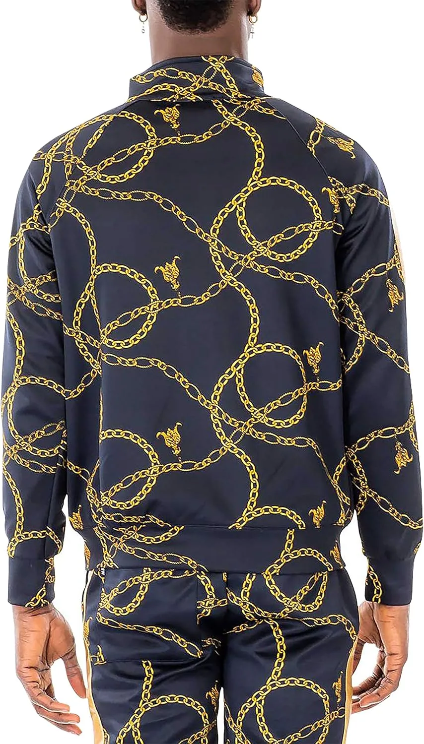 Hat and Beyond Mens Track Jacket with Gold Chain Print Streetwear