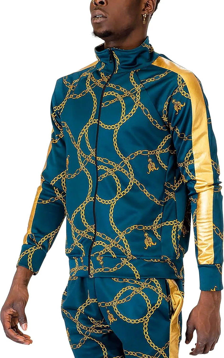 Hat and Beyond Mens Track Jacket with Gold Chain Print Streetwear