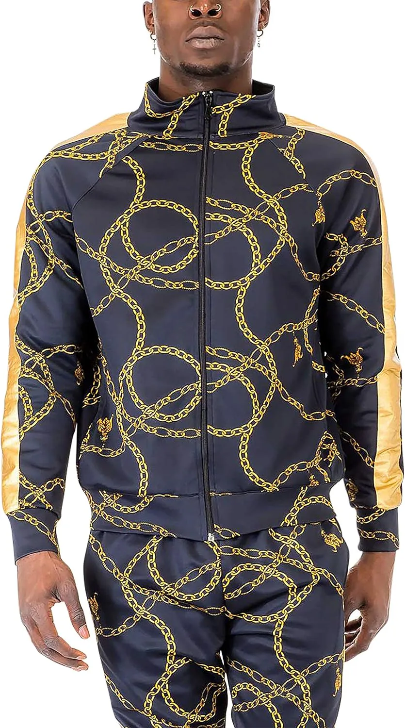 Hat and Beyond Mens Track Jacket with Gold Chain Print Streetwear
