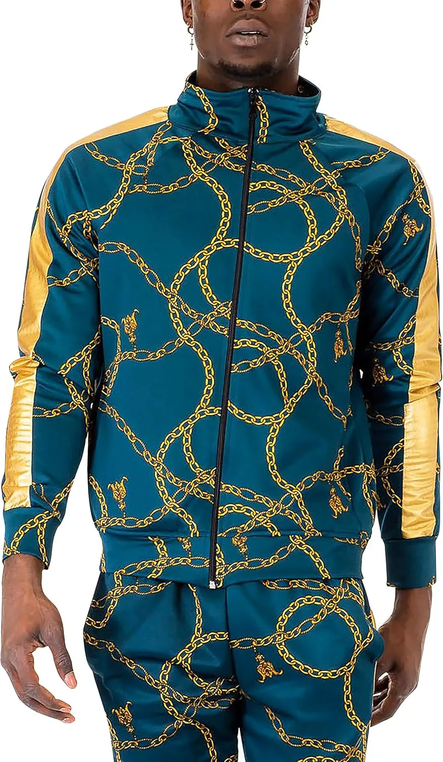 Hat and Beyond Mens Track Jacket with Gold Chain Print Streetwear