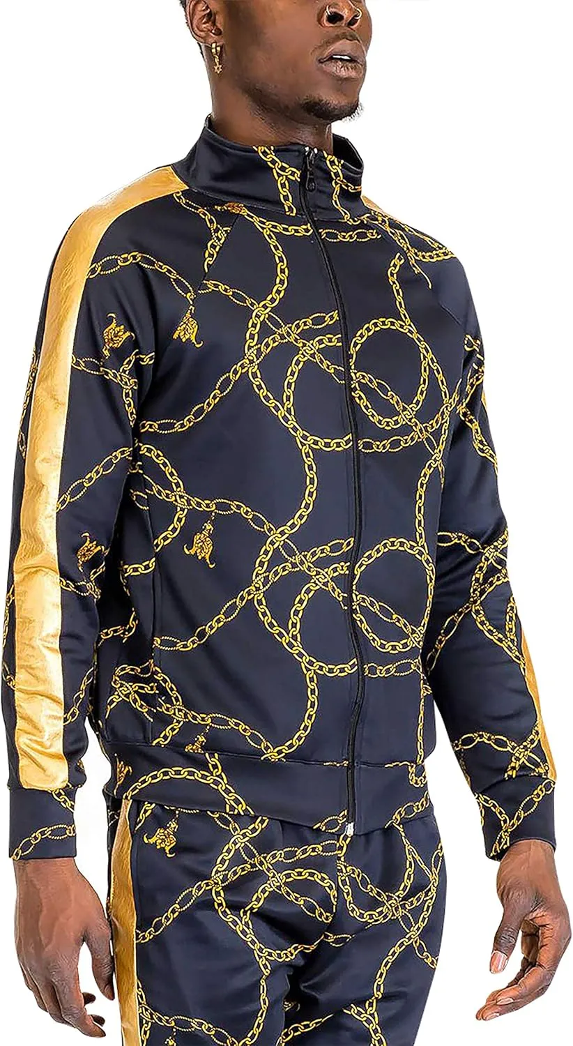 Hat and Beyond Mens Track Jacket with Gold Chain Print Streetwear