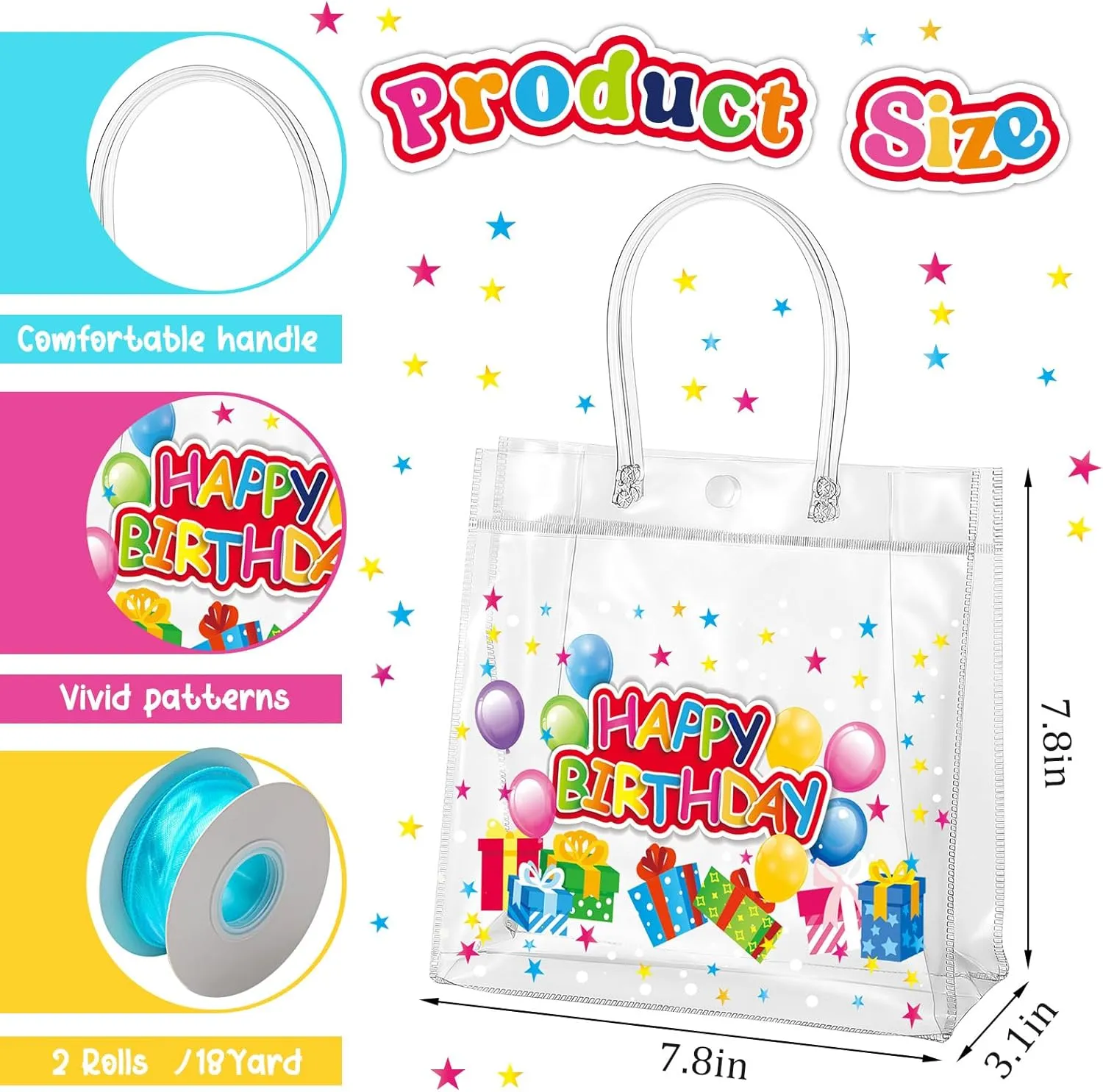 Henoyso 24 Pcs Clear Happy Birthday Gift Bags Plastic Goodie Candy Treat Bags PVC Party Favor Totes with Handles 7.8 x 7.8 x 3.1 Gift Wrap Totes