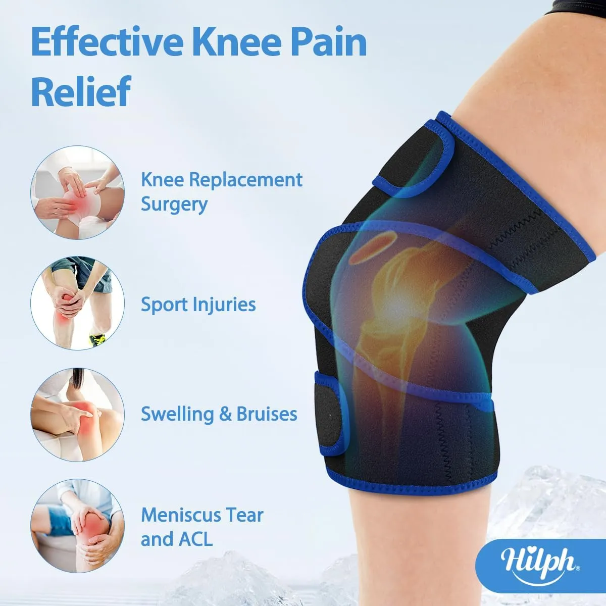 Hilph Large Hot & Cold Therapy Knee Ice Wrap with Dual Gel Packs & Adjustable Brace for Full Knee Coverage, Pain Relief for Replacement Surgery, Arthritis, ACL, Meniscus Tear, Women, Men Black
