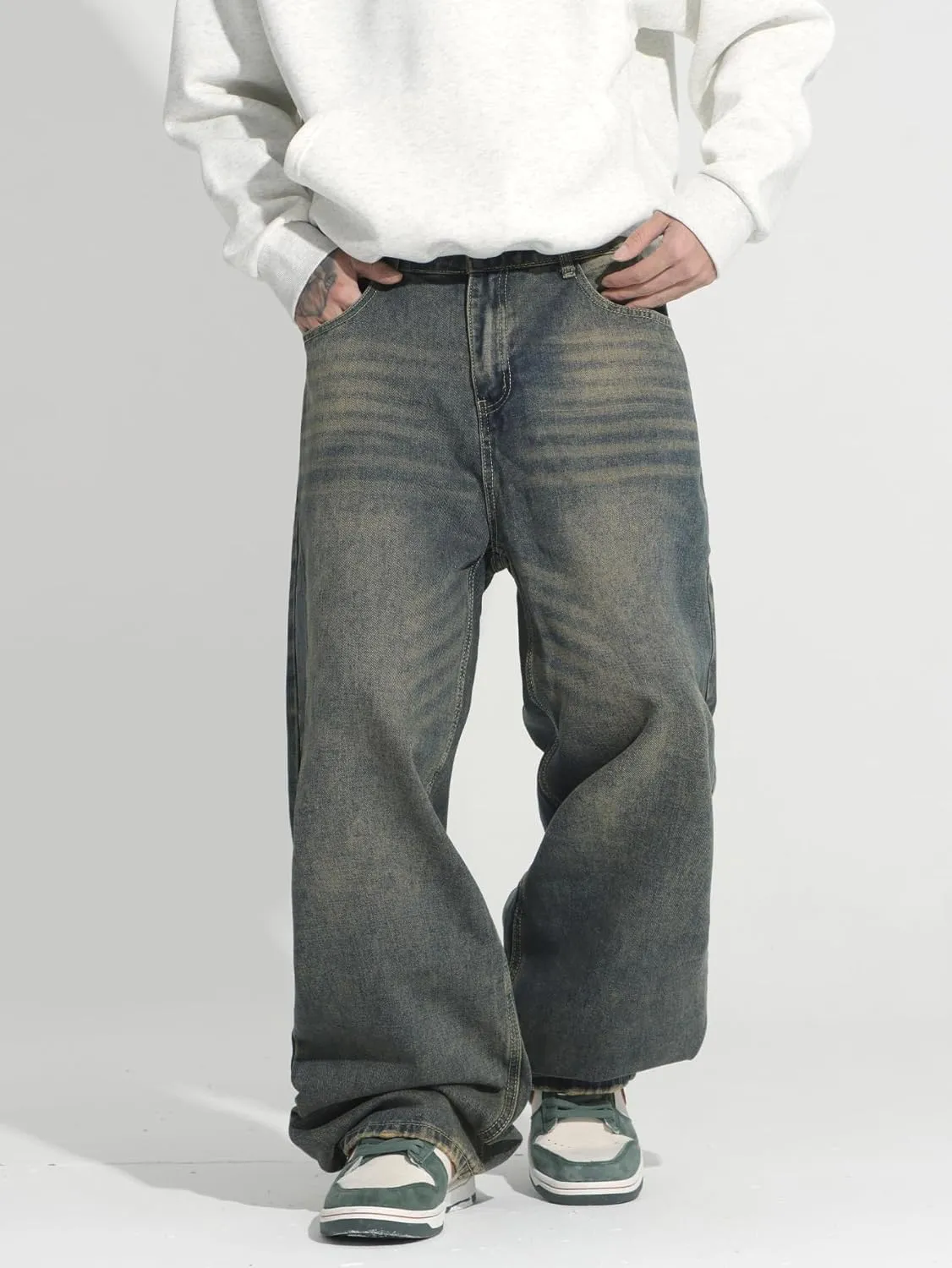 Hip Hop Baggy Jeans for Men Stylish Wide Leg Skater Jeans Loose Fit Denim Pants Streetwear