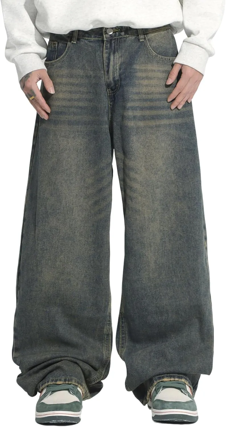 Hip Hop Baggy Jeans for Men Stylish Wide Leg Skater Jeans Loose Fit Denim Pants Streetwear