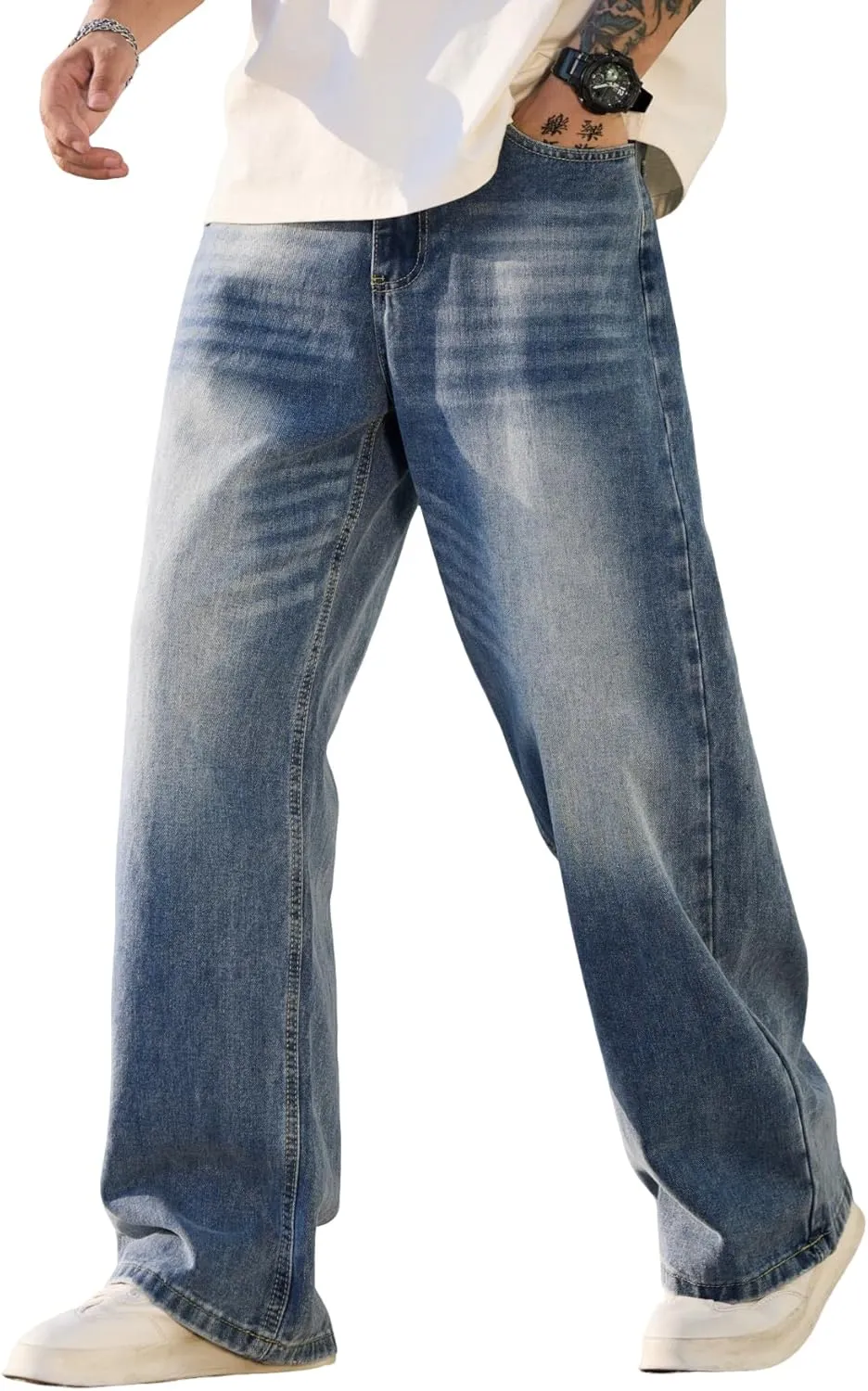 Hip Hop Baggy Jeans for Men Stylish Wide Leg Skater Jeans Loose Fit Denim Pants Streetwear