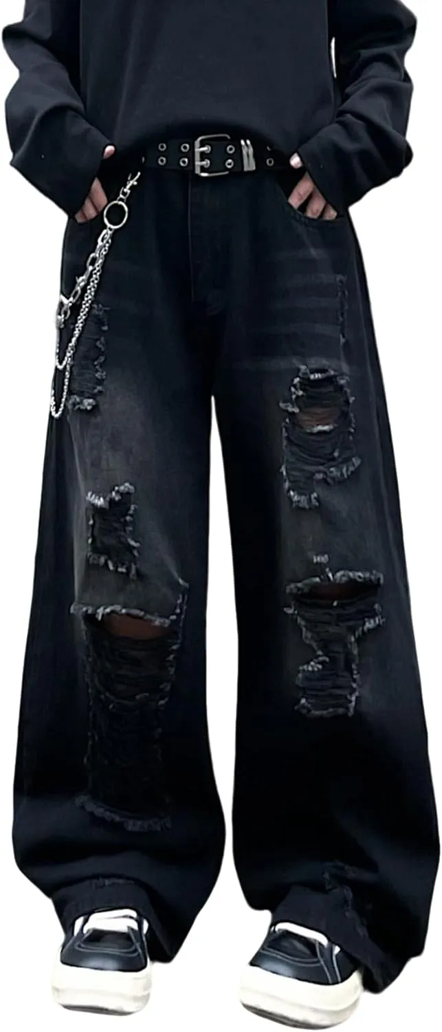 Hip Hop Baggy Jeans for Men Stylish Wide Leg Skater Jeans Loose Fit Denim Pants Streetwear