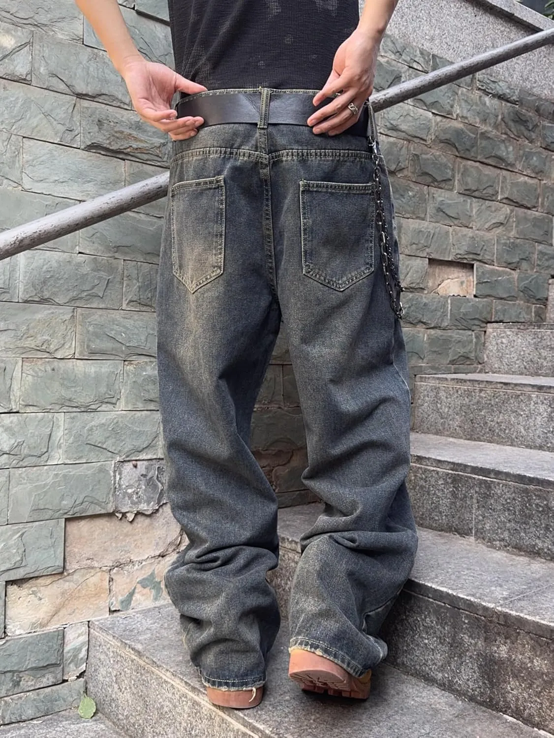 Hip Hop Baggy Jeans for Men Stylish Wide Leg Skater Jeans Loose Fit Denim Pants Streetwear
