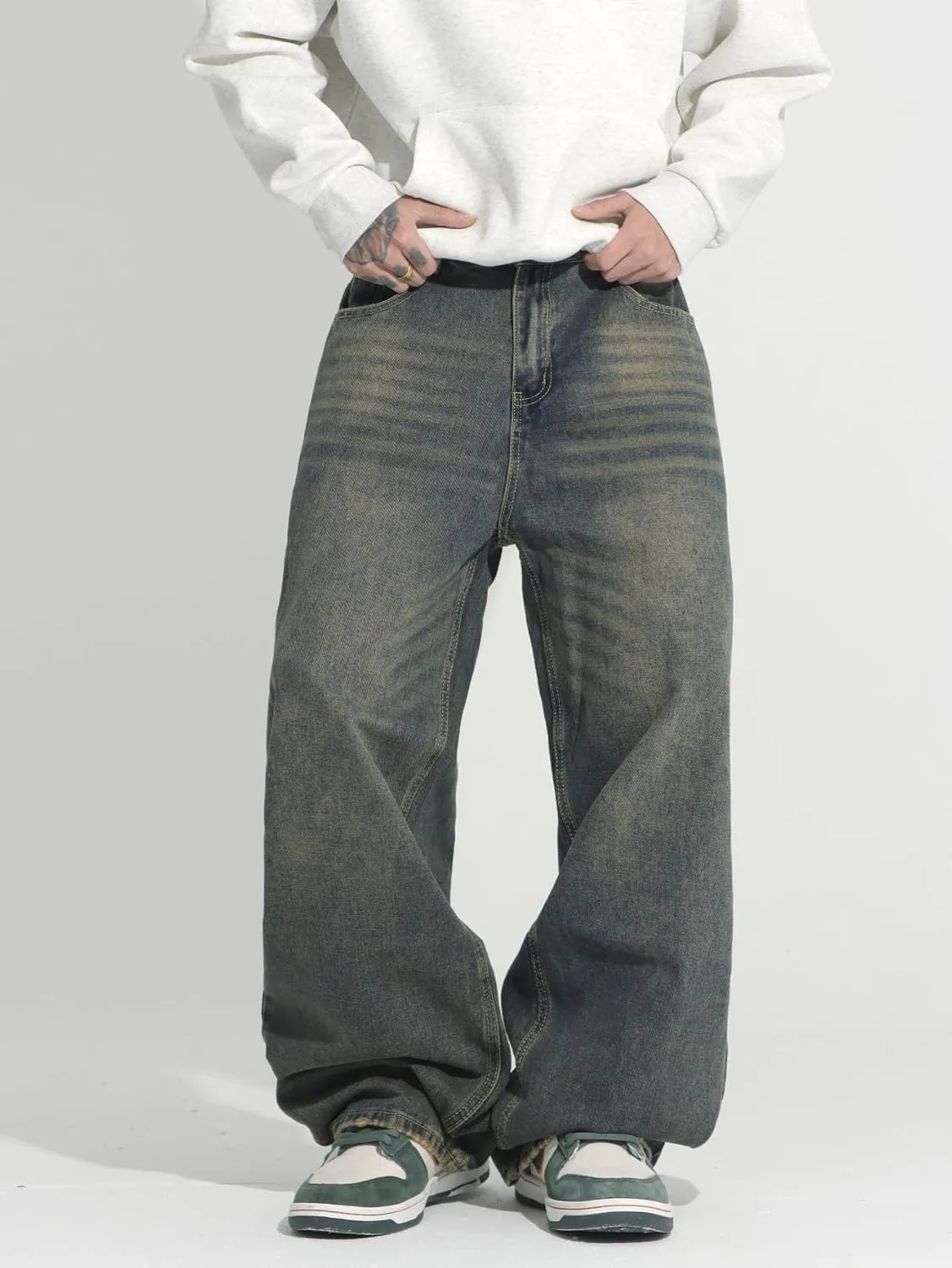 Hip Hop Baggy Jeans for Men Stylish Wide Leg Skater Jeans Loose Fit Denim Pants Streetwear