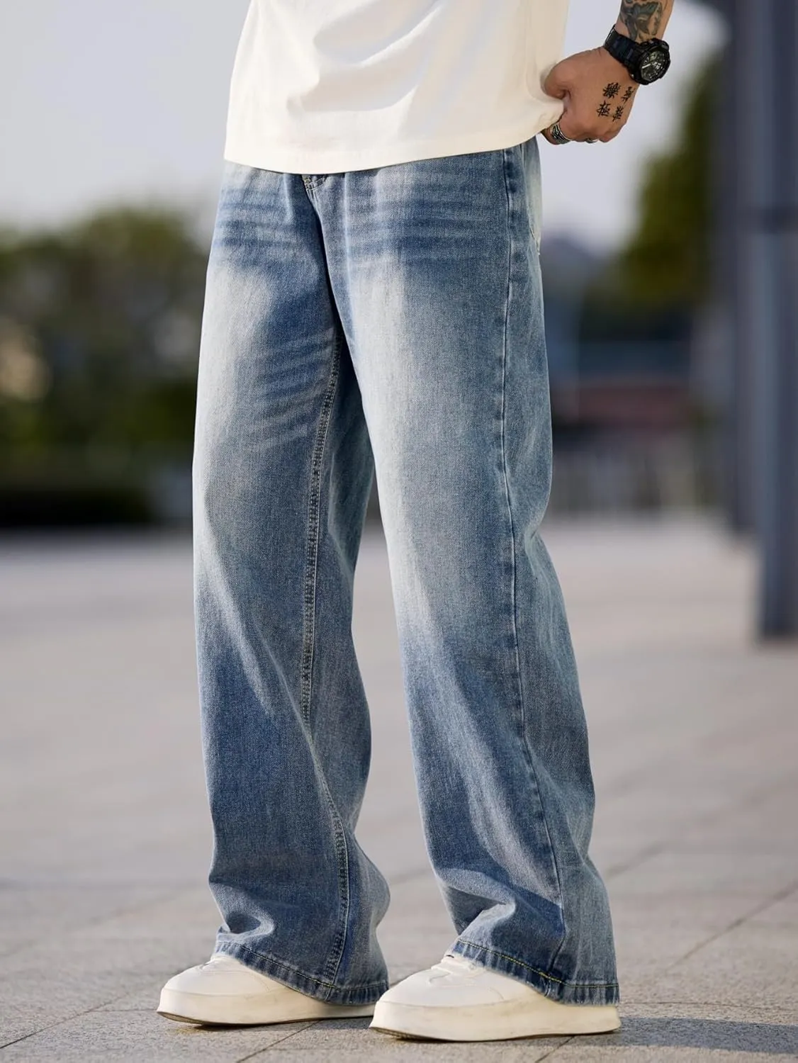 Hip Hop Baggy Jeans for Men Stylish Wide Leg Skater Jeans Loose Fit Denim Pants Streetwear