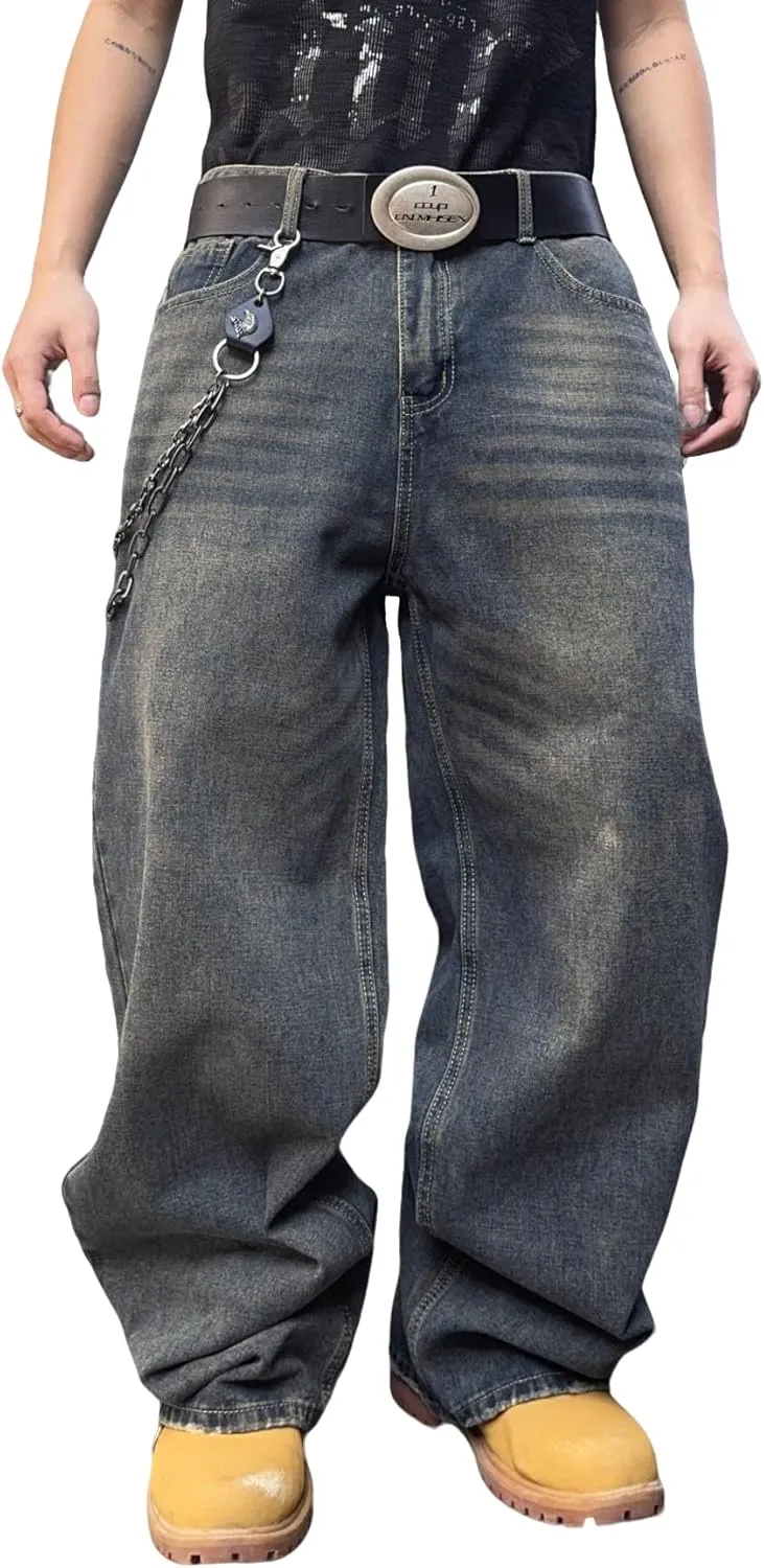 Hip Hop Baggy Jeans for Men Stylish Wide Leg Skater Jeans Loose Fit Denim Pants Streetwear