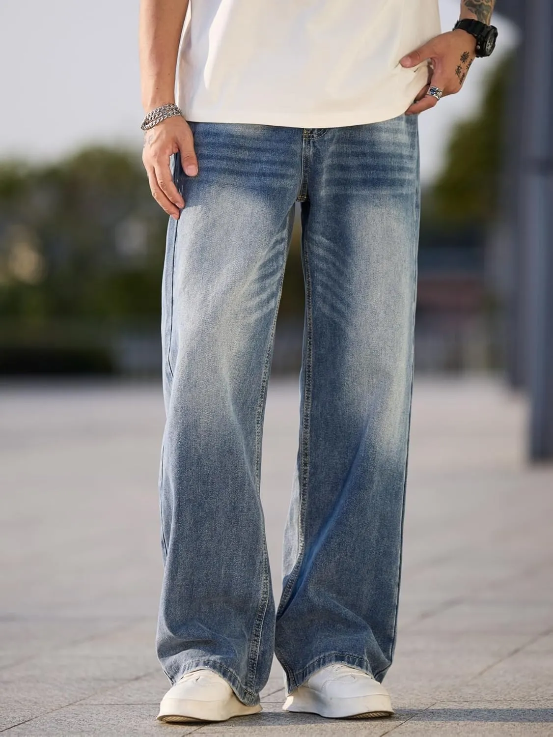Hip Hop Baggy Jeans for Men Stylish Wide Leg Skater Jeans Loose Fit Denim Pants Streetwear