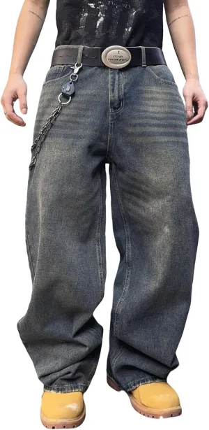 Hip Hop Baggy Jeans for Men Stylish Wide Leg Skater Jeans Loose Fit Denim Pants Streetwear
