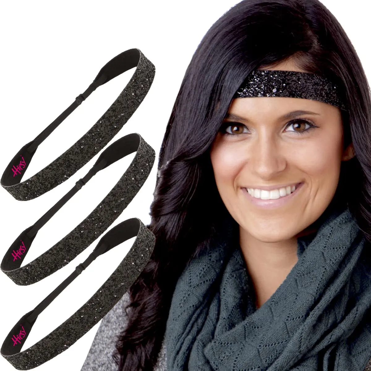 Hipsy Adjustable No Slip Wide Bling Glitter Headband 3-packs for Women Girls & Teens (Black 3-Pack)