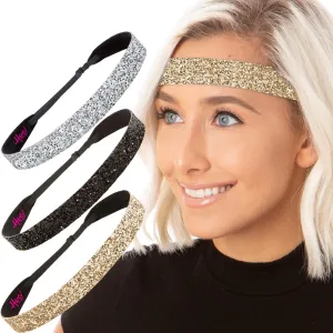 Hipsy Adjustable No Slip Wide Bling Glitter Headband 3-packs for Women Girls & Teens (Gold/Black/Silver)