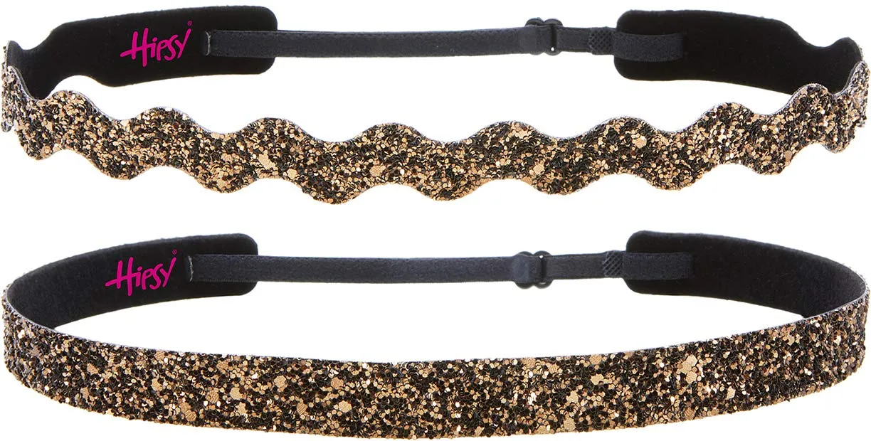 Hipsy PETITE Size, Adjustable No Slip Sparkly Bling Mixed 2pk Headbands for Women Girls & Teens (Bling Glitter Mixed Brown)