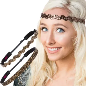 Hipsy PETITE Size, Adjustable No Slip Sparkly Bling Mixed 2pk Headbands for Women Girls & Teens (Bling Glitter Mixed Brown)