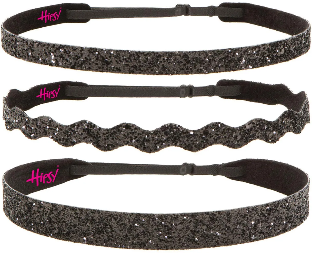 Hipsy REGULAR Size, Adjustable No Slip Sparkly Bling Mixed 3pk Headbands for Women Girls & Teens (Bling Glitter Mixed Black)