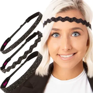 Hipsy REGULAR Size, Adjustable No Slip Sparkly Bling Mixed 3pk Headbands for Women Girls & Teens (Bling Glitter Mixed Black)