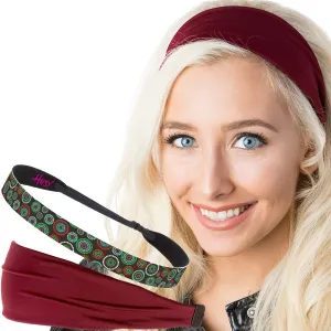Hipsy Xflex & Fashion Printed No Slip Headband Mixed 2-packs for Women Girls Teens (Burgundy Xflex & Brown Dotted Circles)