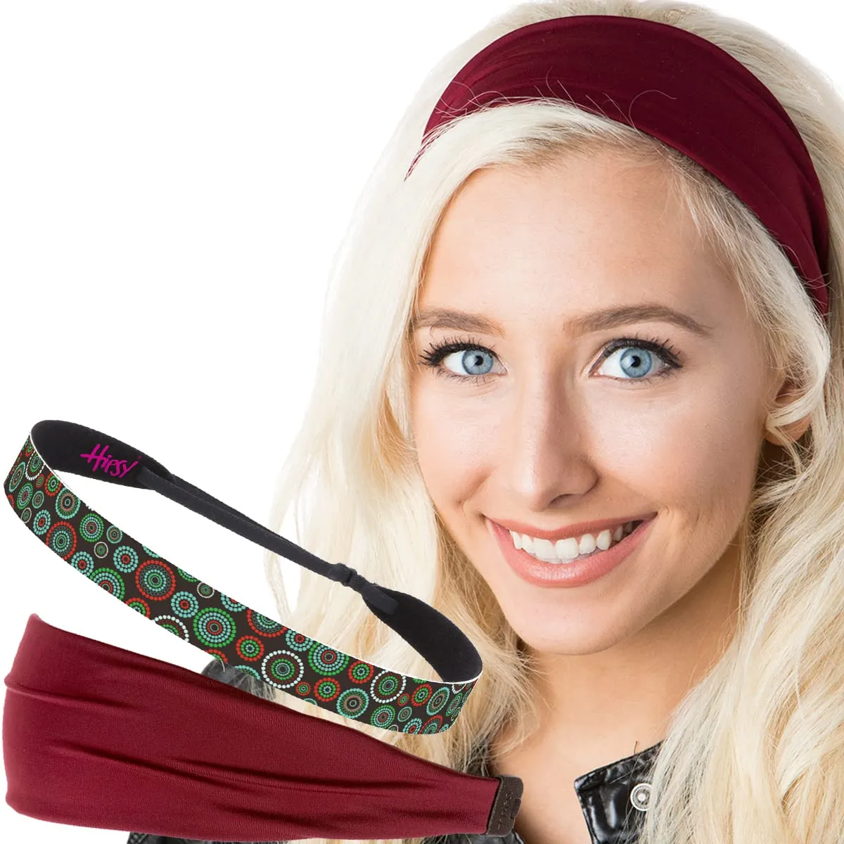 Hipsy Xflex & Fashion Printed No Slip Headband Mixed 2-packs for Women Girls Teens (Burgundy Xflex & Brown Dotted Circles)