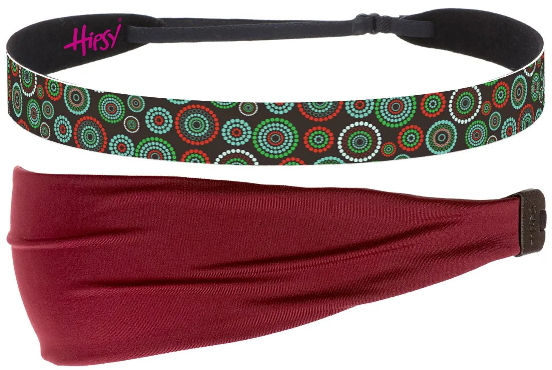 Hipsy Xflex & Fashion Printed No Slip Headband Mixed 2-packs for Women Girls Teens (Burgundy Xflex & Brown Dotted Circles)