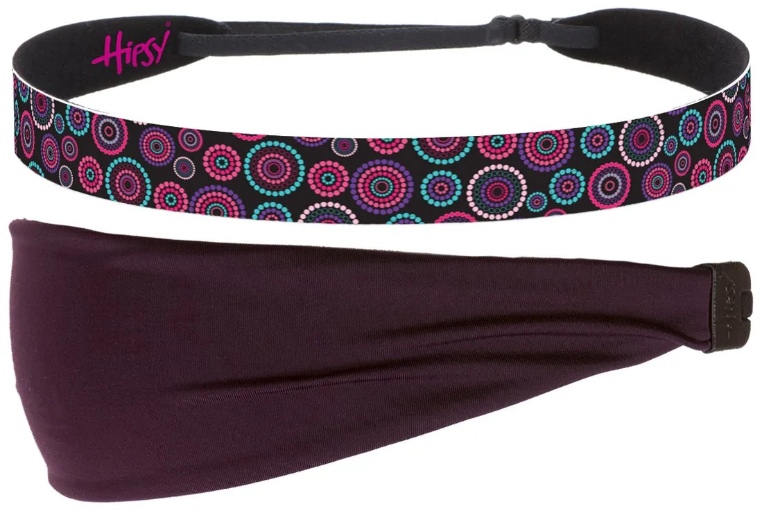 Hipsy Xflex & Fashion Printed No Slip Headband Mixed 2-packs for Women Girls Teens (Plum Xflex & Black Dotted Circles)