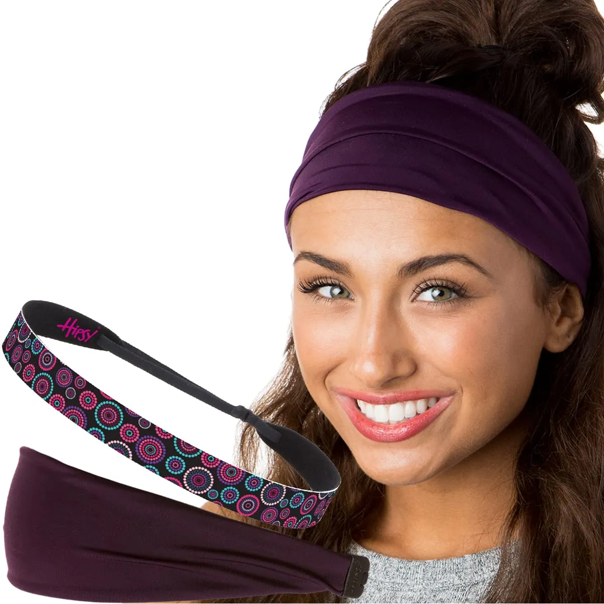 Hipsy Xflex & Fashion Printed No Slip Headband Mixed 2-packs for Women Girls Teens (Plum Xflex & Black Dotted Circles)
