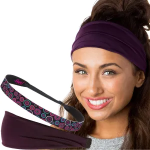 Hipsy Xflex & Fashion Printed No Slip Headband Mixed 2-packs for Women Girls Teens (Plum Xflex & Black Dotted Circles)
