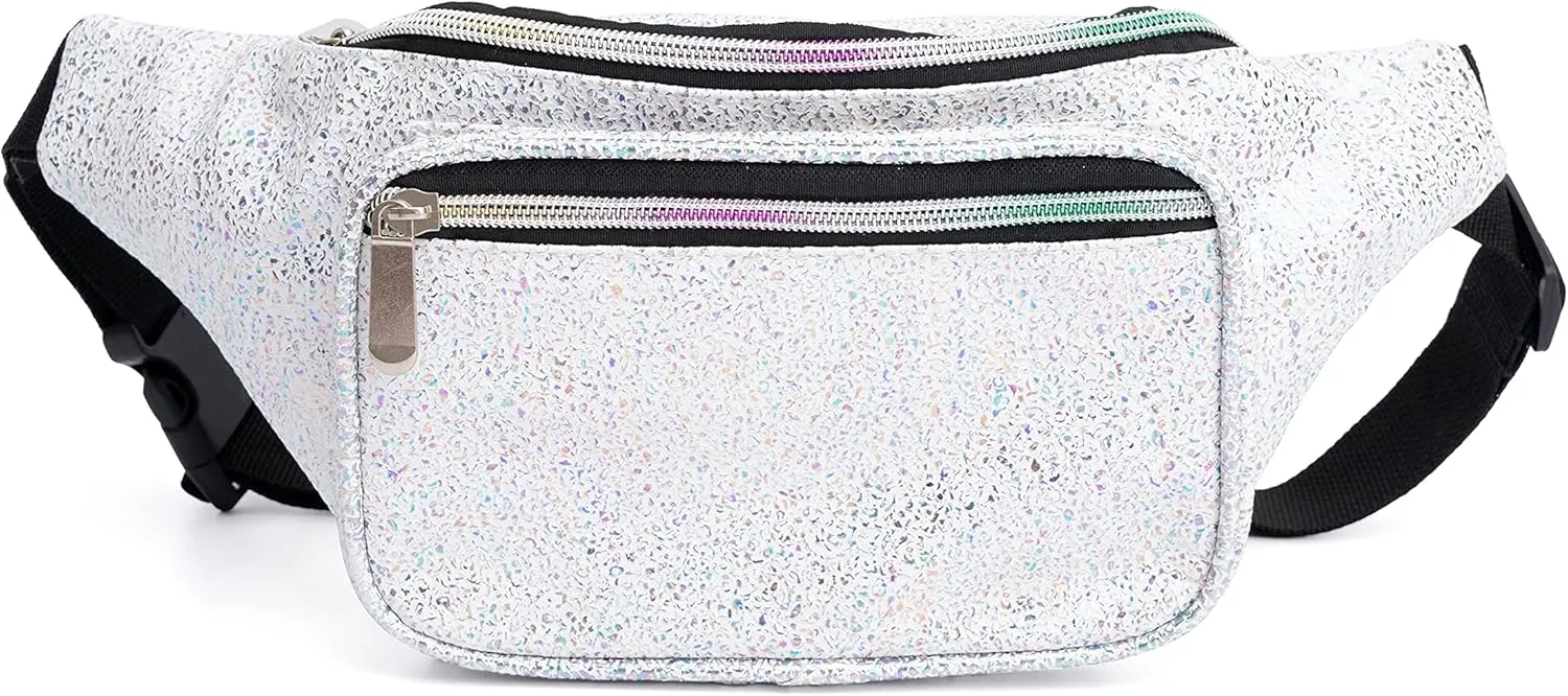 Holographic 80s 90S Rave White Gravel Fanny Pack for festival women, Girl Cute Fashion Waist Bag Belt Bags-White Gravel