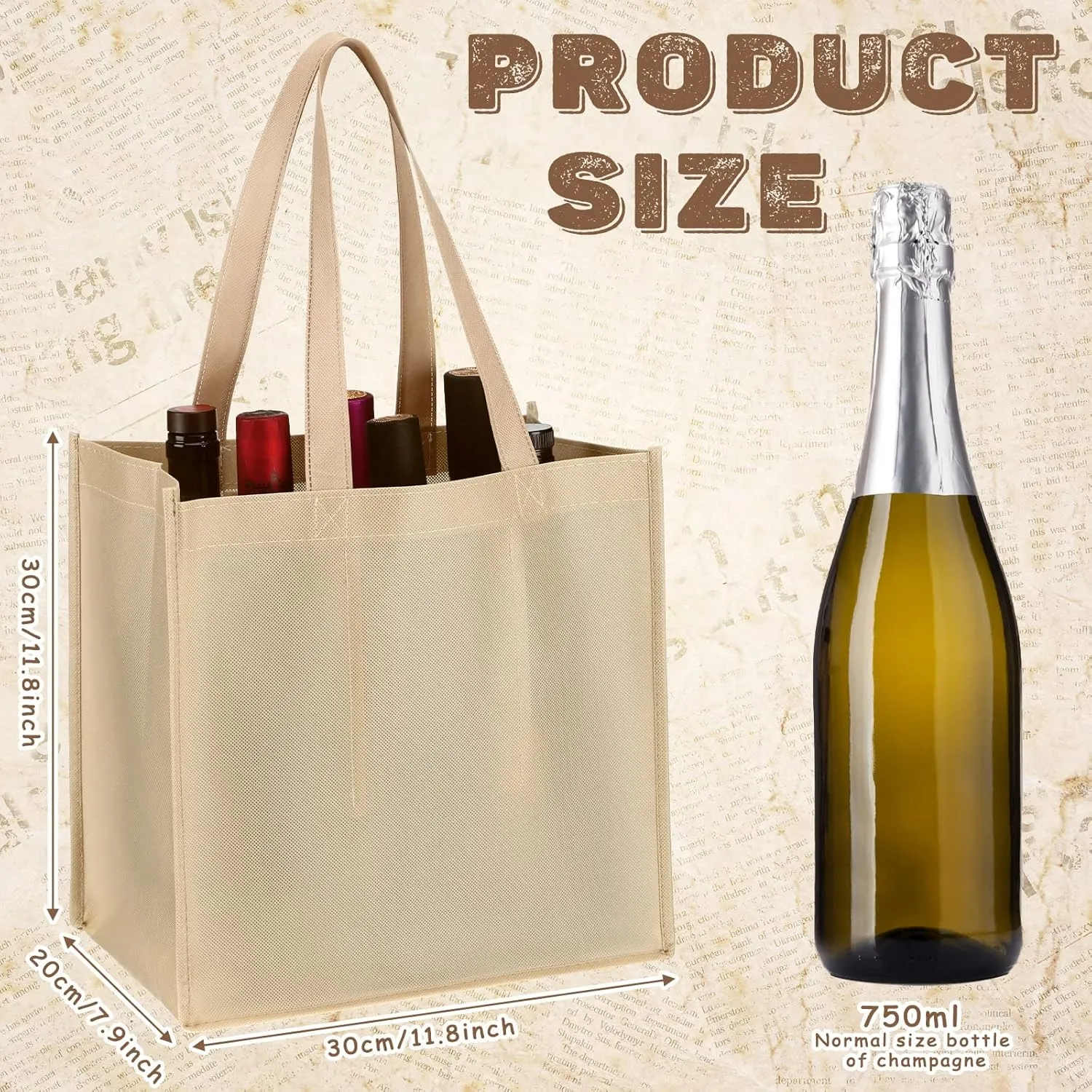 Hoolerry 6 Bottle Non Woven Wine Carrier with Divider Washable Reusable Tote Bag Portable Wine Gift Bag for Travel, Camping, Picnic