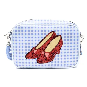 Horizontal Crossbody Bag - The Wizard of Oz Dorothy's Sequin Ruby Slippers with Toto Basket Pose Gingham Checker Blue