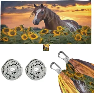 Horse Sunflowers Camping Hammock, Single Portable Hammocks with Tree Straps & Attached Carry Bag, 330Lbs Capacity Perfect for Outside Indoor Hiking Beach Backpack Travel