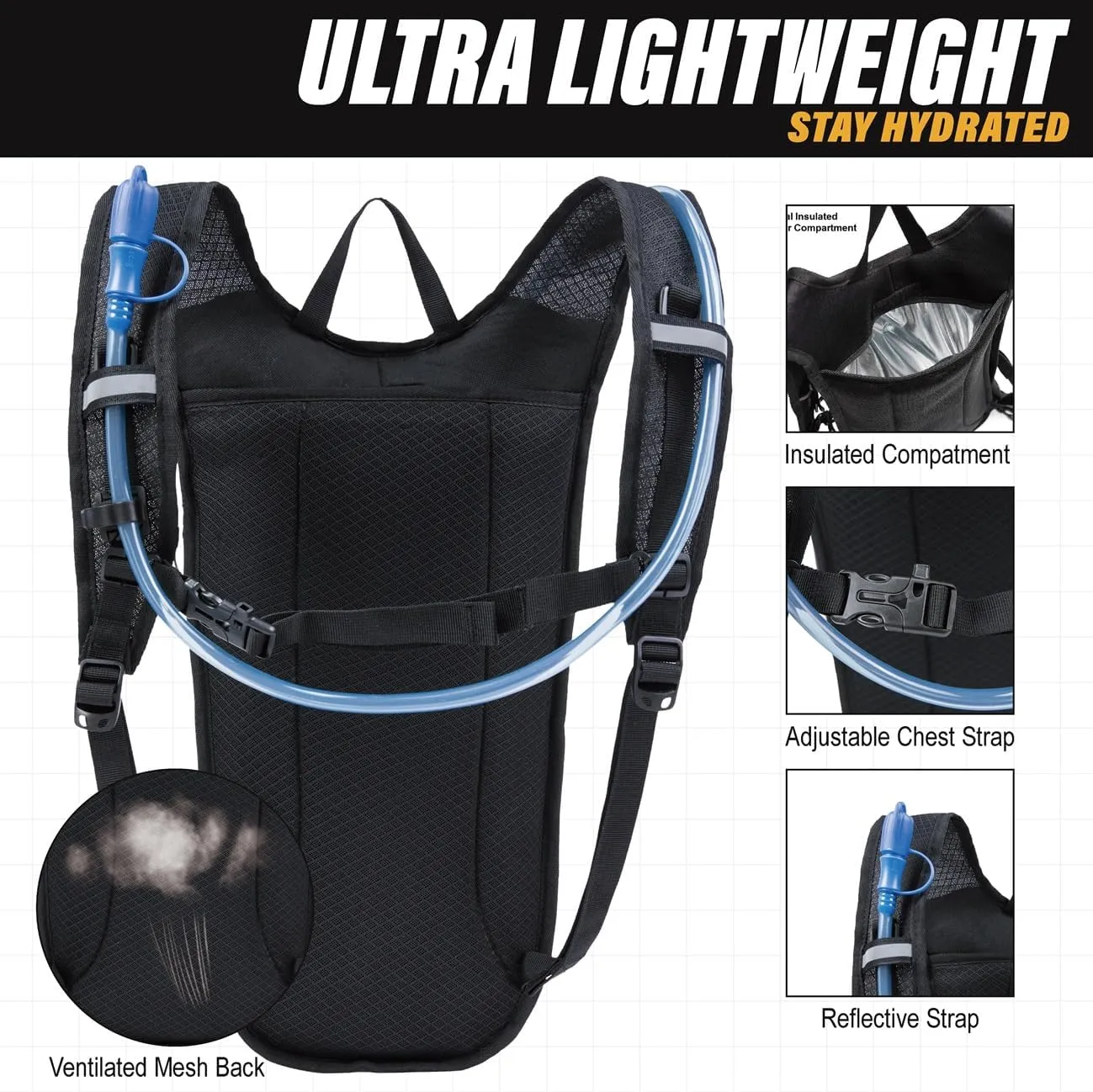 Hydration Backpack Pack with 2L Water Bladder Rave Essentials Lightweight Bag for Hiking, Running Vest, Music Festival for Men Women (Flash)