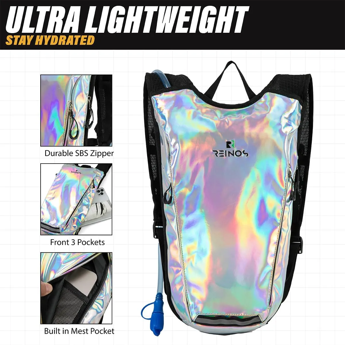 Hydration Backpack Pack with 2L Water Bladder Rave Essentials Lightweight Bag for Hiking, Running Vest, Music Festival for Men Women (Flash)