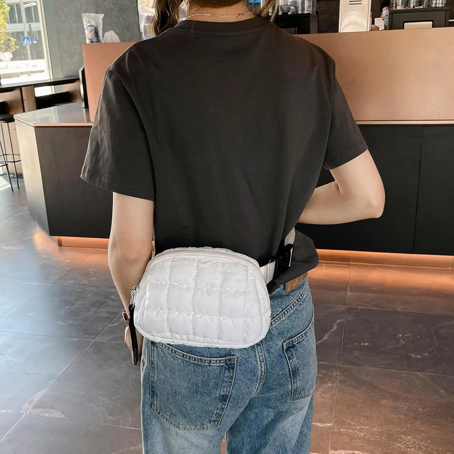 I IHAYNER Quilted Puffer Belt Bag Fanny Waist Packs Small Crossbody Bag with Adjustable Strap for Traveling Hiking Light Grey