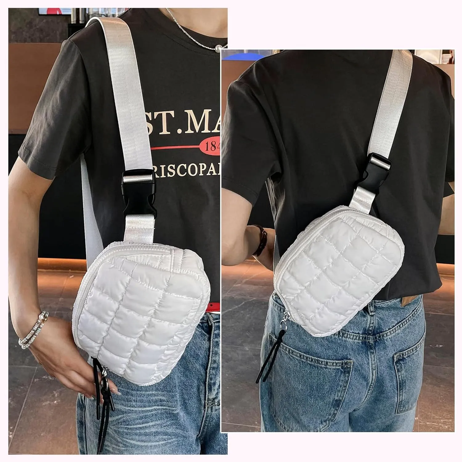 I IHAYNER Quilted Puffer Belt Bag Fanny Waist Packs Small Crossbody Bag with Adjustable Strap for Traveling Hiking Light Grey