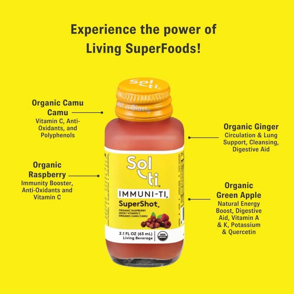 IMMUNI-TI SuperShot Drink, Vitamin C to Boost Immunity, SuperFood by Sol-ti, Cold-Pressed Organic Fruits and Ginger Juice Blend, 12 Pack (2.1 Fl oz)