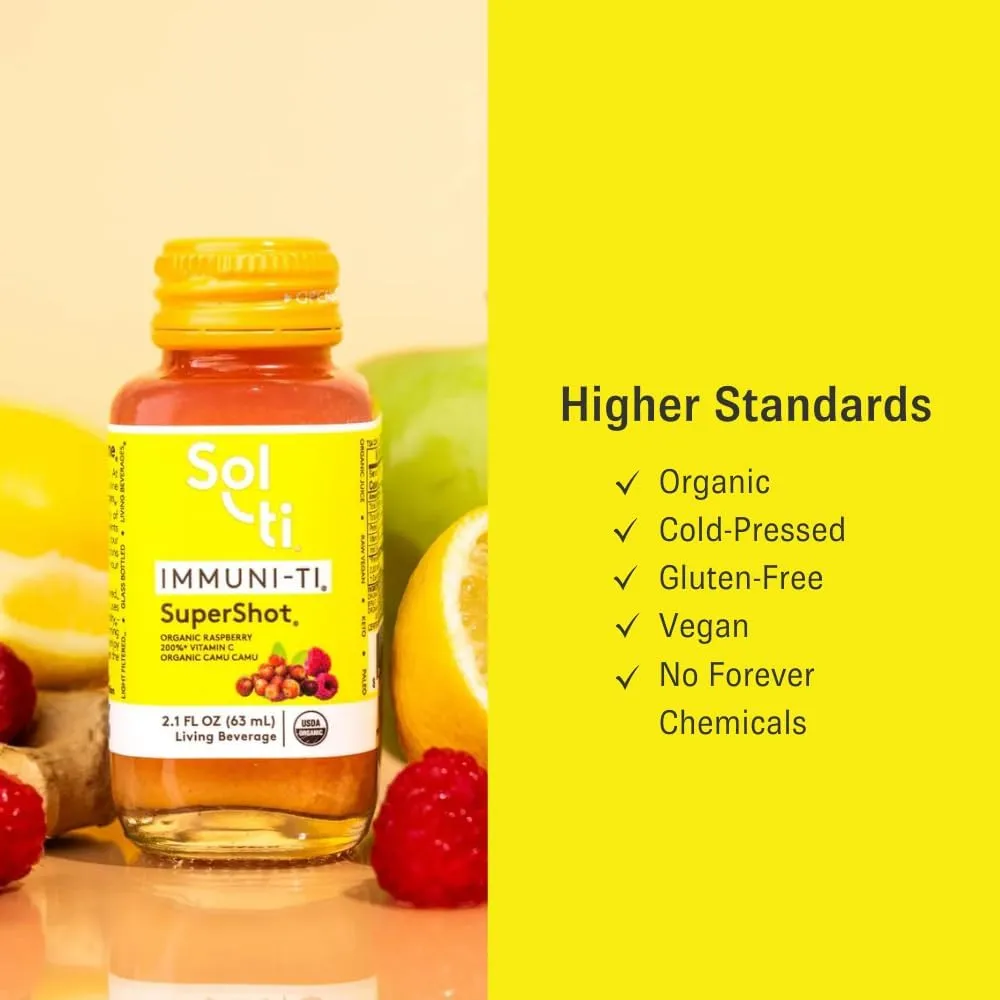 IMMUNI-TI SuperShot Drink, Vitamin C to Boost Immunity, SuperFood by Sol-ti, Cold-Pressed Organic Fruits and Ginger Juice Blend, 12 Pack (2.1 Fl oz)