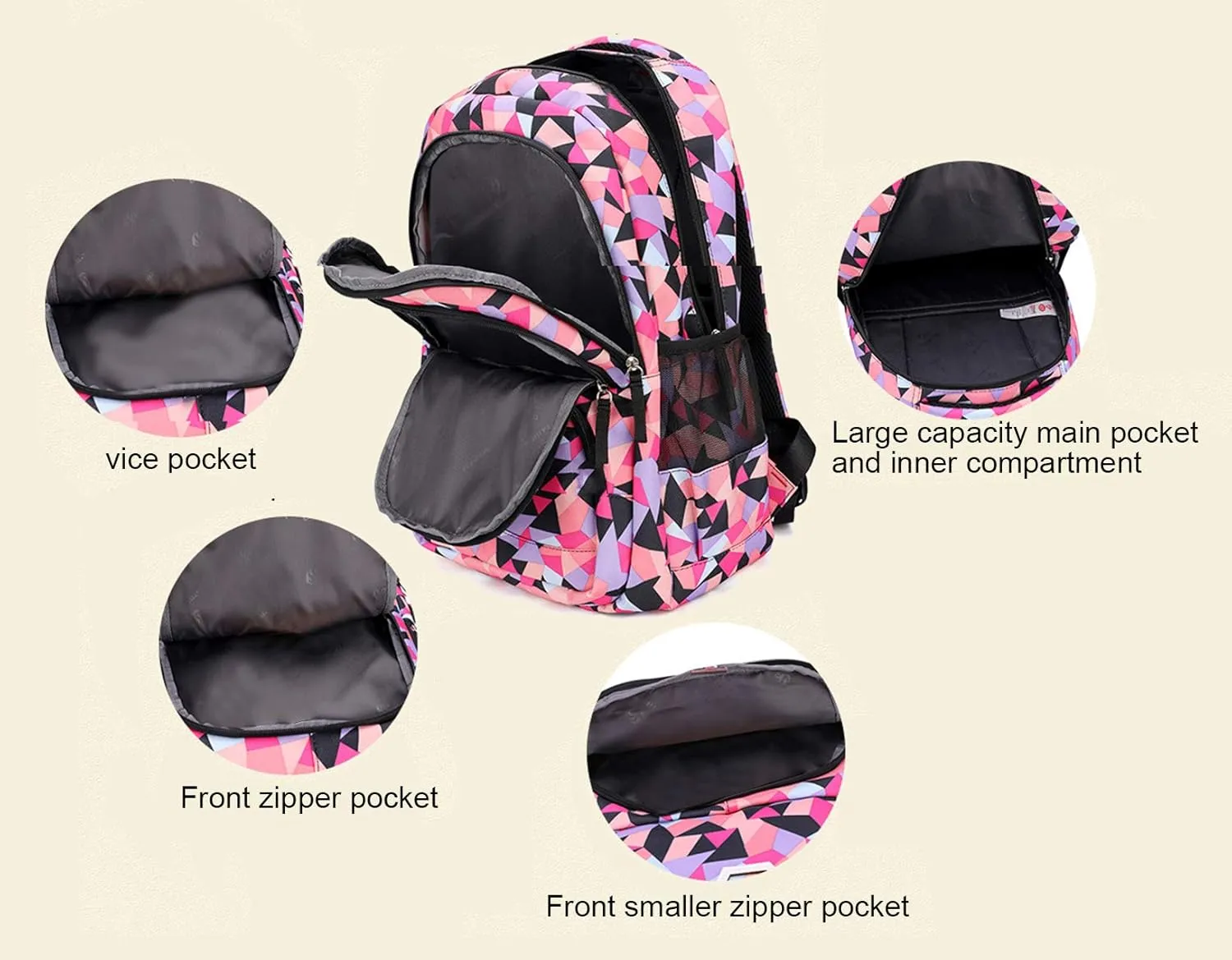 JiaYou Girl Geometric Printed Primary Junior High University School Bag Bookbag Backpack(2# Black,35 L)