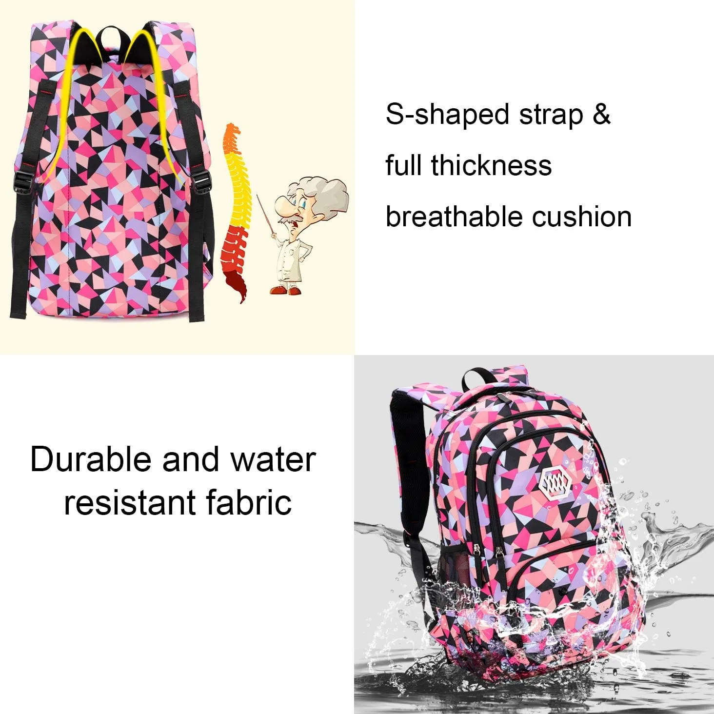 JiaYou Girl Geometric Printed Primary Junior High University School Bag Bookbag Backpack(2# Black,35 L)