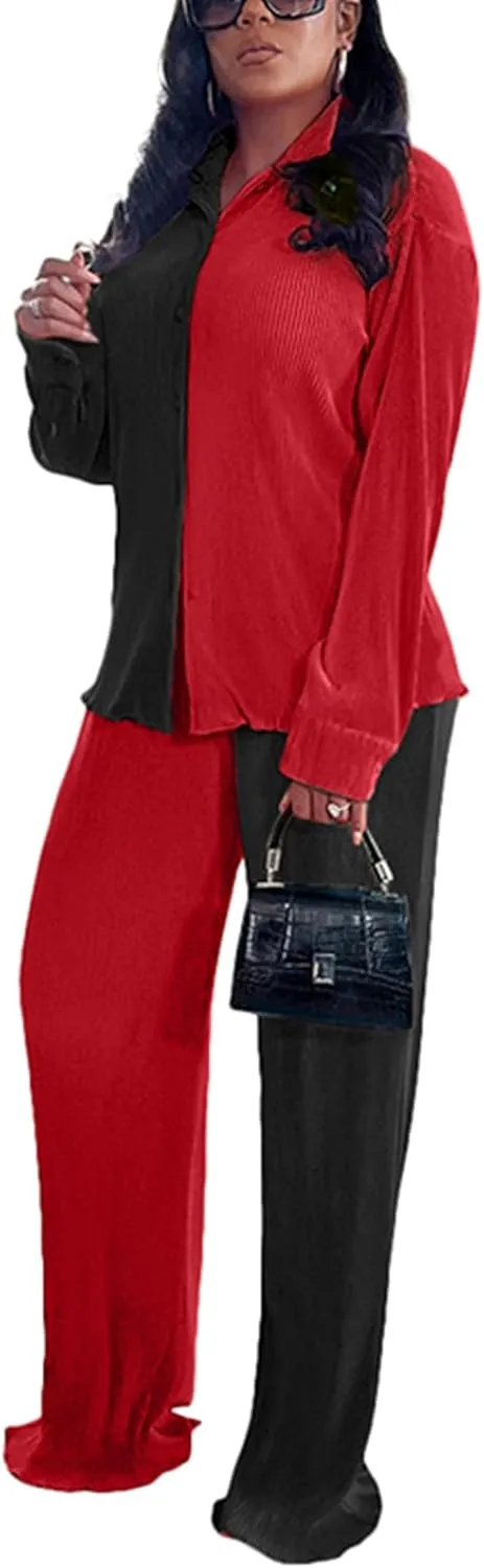 kaimimei Casual 2 Piece Outfit for Women - Linen Long Sleeve Button Down Shirt   Flare Pleated Wide Leg Pants Sets Streetwear