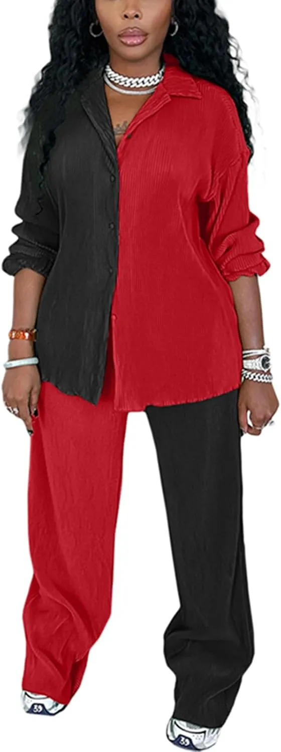kaimimei Casual 2 Piece Outfit for Women - Linen Long Sleeve Button Down Shirt   Flare Pleated Wide Leg Pants Sets Streetwear