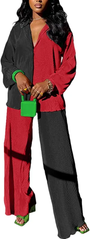 kaimimei Casual 2 Piece Outfit for Women - Linen Long Sleeve Button Down Shirt   Flare Pleated Wide Leg Pants Sets Streetwear
